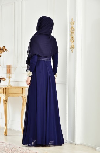 Robe de Soirée Fleur Appliquée 83032-01 Bleu Marine 83032-01