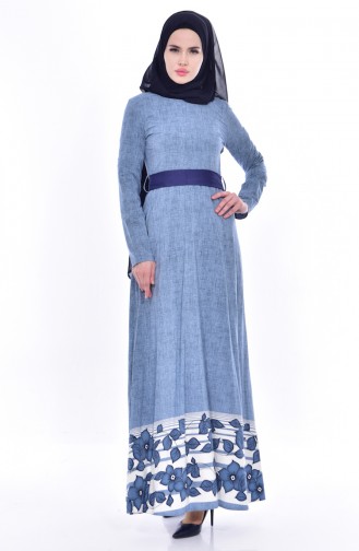 Robe a Motifs et Ceinture 3259-01 Bleu 3259-01