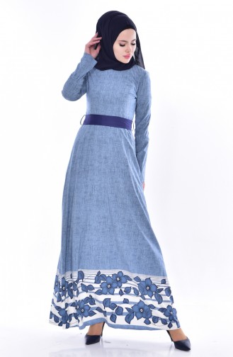 Desenli Kuşaklı Elbise 3259-01 Mavi