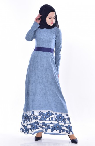 Robe a Motifs et Ceinture 3259-01 Bleu 3259-01