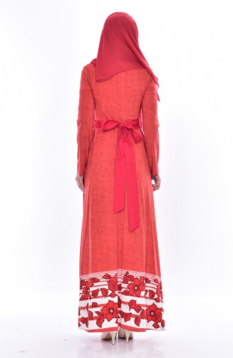 فستان مُطبع بتصميم حزام خصر 3259-04 لون برتقالي مائل للحمرة 3259-04