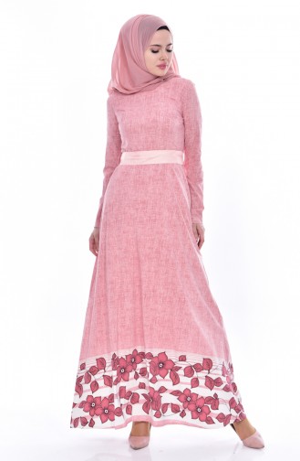 Desenli Kuşaklı Elbise 3259-06 Pembe