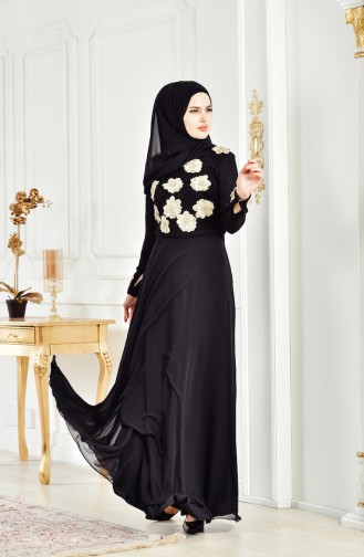 Robe de Soirée Fleur Appliquée 83032-03 Noir 83032-03