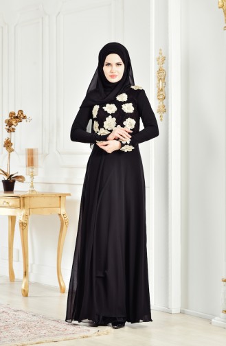 Robe de Soirée Fleur Appliquée 83032-03 Noir 83032-03