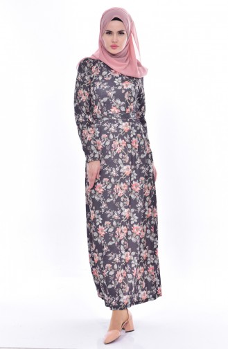 Çiçek Desenli Elbise 4939A-01 Siyah