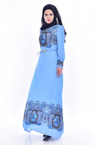 فستان مُطبع بتصميم حزام للخصر 2601-02 لون ازرق 2601-02