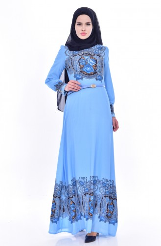 Patterned Belt Dress 2601-02 Blue 2601-02