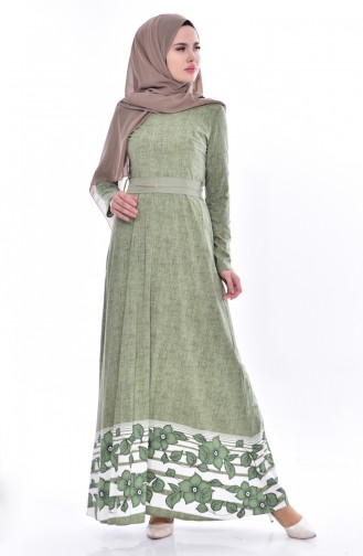 Desenli Kuşaklı Elbise 3259-03 Yeşil 3259-03