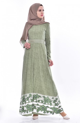 Robe a Motifs et Ceinture 3259-03 Vert 3259-03