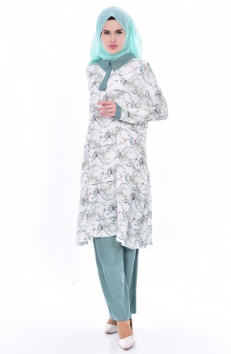 Flower Decorated Trouser and Tunic Suit 1030-01 Ecru Mint Green 1030-01
