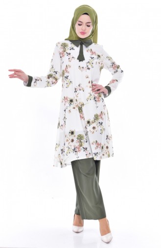 Flower Decorated Trouser and Tunic Suit 1030-01 Ecru Khaki 1030-01