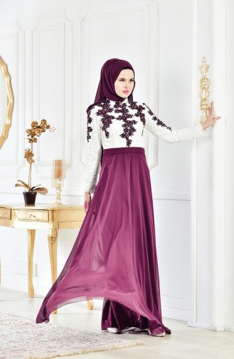 Robe de Soirée a Dentelle 8202-03 Ecru Plum 8202-03