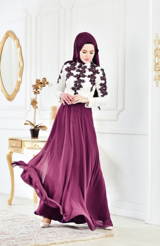 Robe de Soirée a Dentelle 8202-03 Ecru Plum 8202-03