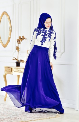 Robe de Soirée a Dentelle 8202-05 Ecru Bleu Roi 8202-05