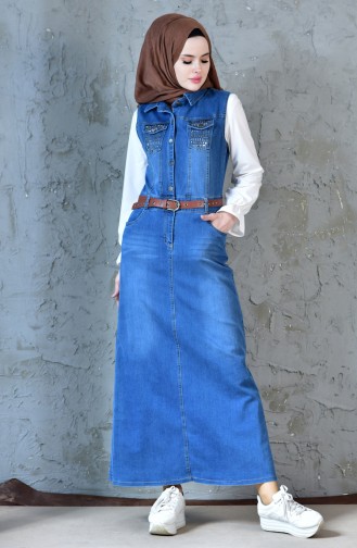 Kemerli Jile Kot Elbise 9229-01 Kot Mavi