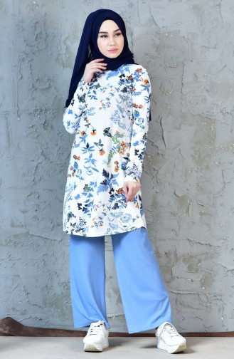 Flower Decorated Trouser and Tunic Suit 1243-03 Blue 1243-03