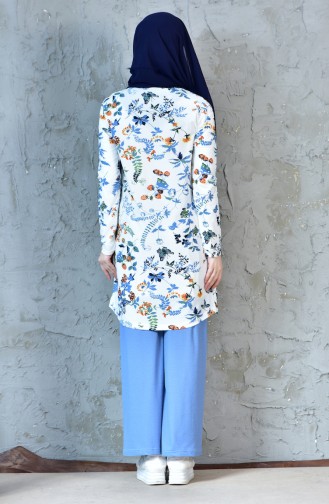 Flower Decorated Trouser and Tunic Suit 1243-03 Blue 1243-03
