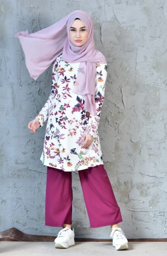 Flower Decorated Trouser and Tunic Suit 1243-01 Damson 1243-01