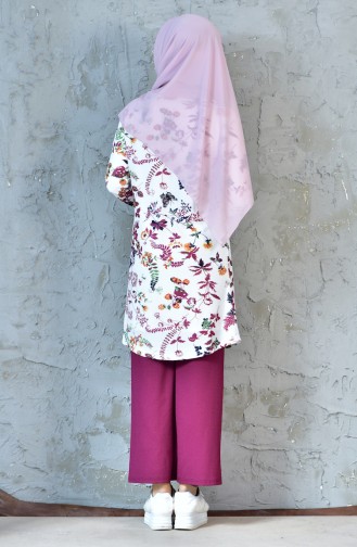 Flower Decorated Trouser and Tunic Suit 1243-01 Damson 1243-01
