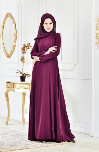 فستان سهرة بتصميم اكمام مُزينة 1040-02 لون ارجواني 1040-02