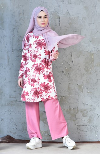 Flower Decorated Trouser and Tunic Suit 1244-01 Powder 1244-01