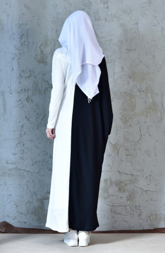 Yarasa Kol Garnili Elbise 9044-01 Siyah Beyaz
