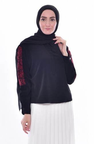 Blouse Asymétrique a Dentelle 1070-01 Noir 1070-01