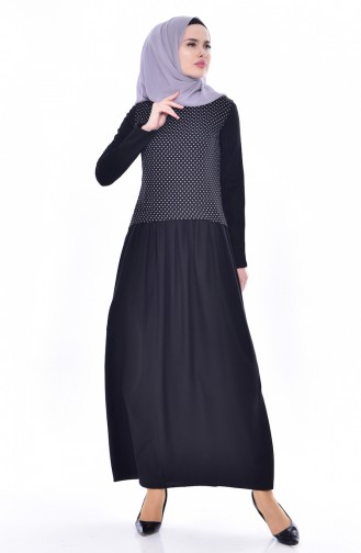 فستان مُنقط بتصميم موصول بقطعة 2969-01 لون أسود 2969-01