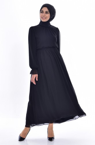 Büzgülü Şifon Elbise 4154-04 Siyah