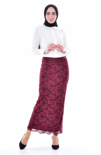Lace Coated Pencil Skirt 1110-02 Claret Red 1110-02