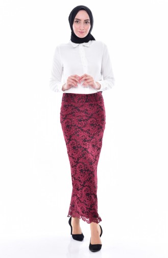 Lace Coated Pencil Skirt 1110-02 Claret Red 1110-02