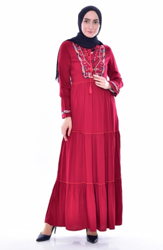 Embroidered Platted Dress 0075-03 Bordeaux 0075-03