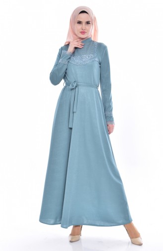 Dantelli Kuşaklı Elbise 1186-01 Çağla Yeşili