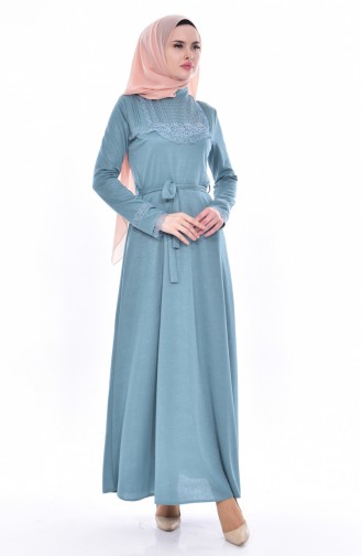 Dantelli Kuşaklı Elbise 1186-01 Çağla Yeşili