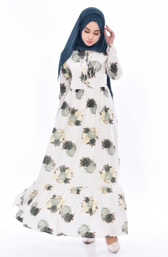 Flower Patterned Ruched Dress 8171A-02 Ecru Khaki 8171A-02