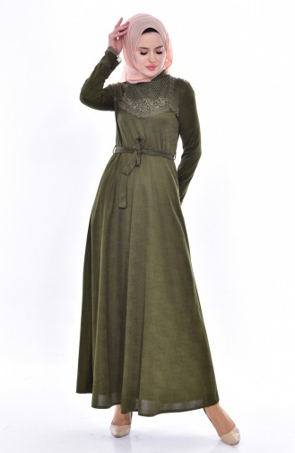 Spitzen Kleid mit Gürtel 1186-06 Khaki 1186-06