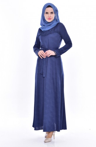 Lace Belted Dress 1186-02 Indigo 1186-02