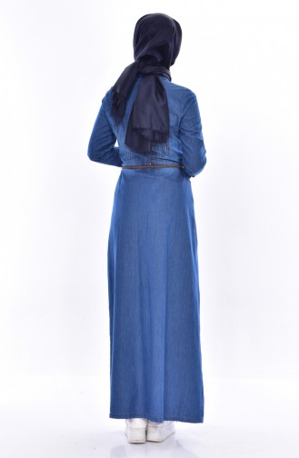 İşlemeli Kot Elbise 9216-02 Kot Mavi