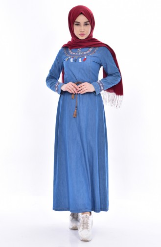 Nakışlı Kot Elbise 9234-01 Kot Mavi