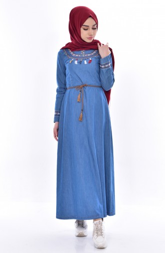 Nakışlı Kot Elbise 9234-01 Kot Mavi