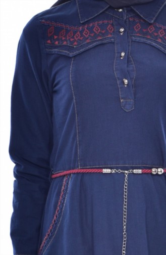 Embroidered Denim Dress 9216-01 Navy Blue 9216-01