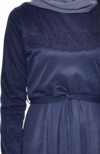 Lace Belted Dress 1186-05 Navy Blue 1186-05