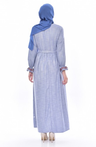 Belden Büzgülü Nakışlı Elbise 1152-05 Lacivert