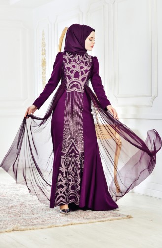 فستان يتميز بتفاصيل من الترتر 1770-01 لون ارجواني 1770-01