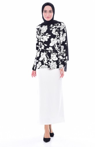 Ensemble Deux Pieces Blouse Jupe 3884-01 Noir Blanc 3884-01