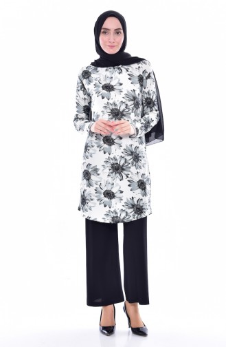 Flower Decorated Trouser and Tunic Suit 1244-02 Black 1244-02