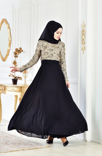 Leopard Gemustertes Abendkleid 1402-01 Schwarz 1402-01