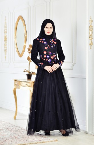 Embroideried Pearl Evening Dress 1670-01 Black 1670-01