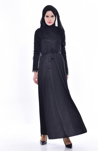 Spitzen Kleid mit Gürtel 1186-04 Schwarz 1186-04