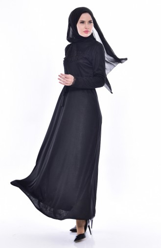 Spitzen Kleid mit Gürtel 1186-04 Schwarz 1186-04